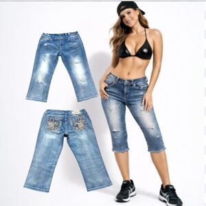 Miss Me Easy Crop Mid Rise Distressed Jeans 31x21.5 Bling Pockets EUC